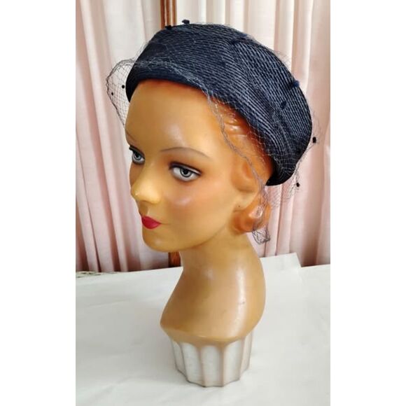 Vintage 1960s Navy Blue Pillbox Hat with Veil, Union Made - Picture 1 of 5